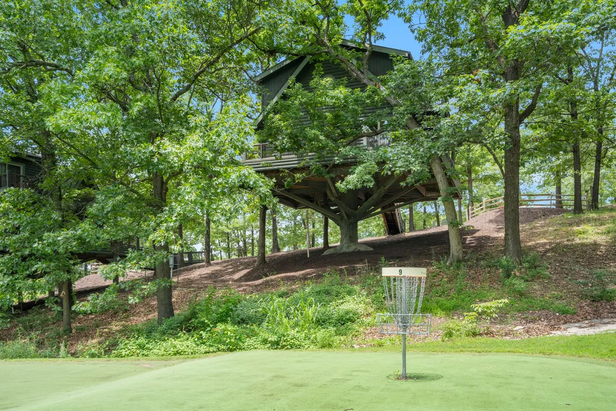 A whimsical treehouse rises among lush greenery, with a disc golf basket in the foreground and inviting trails weaving through the trees. The area exudes a sense of adventure and exploration, with plenty of space for nature walks and playful discovery.